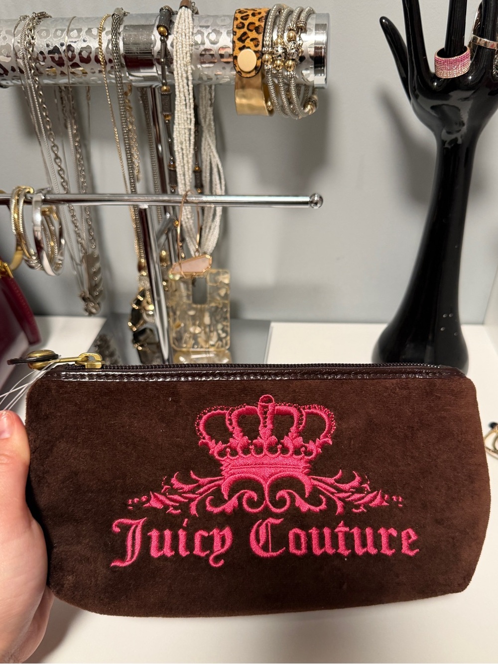 Juicy Couture Brown Suede Cosmetic Pouch with Pink Embroidered Logo